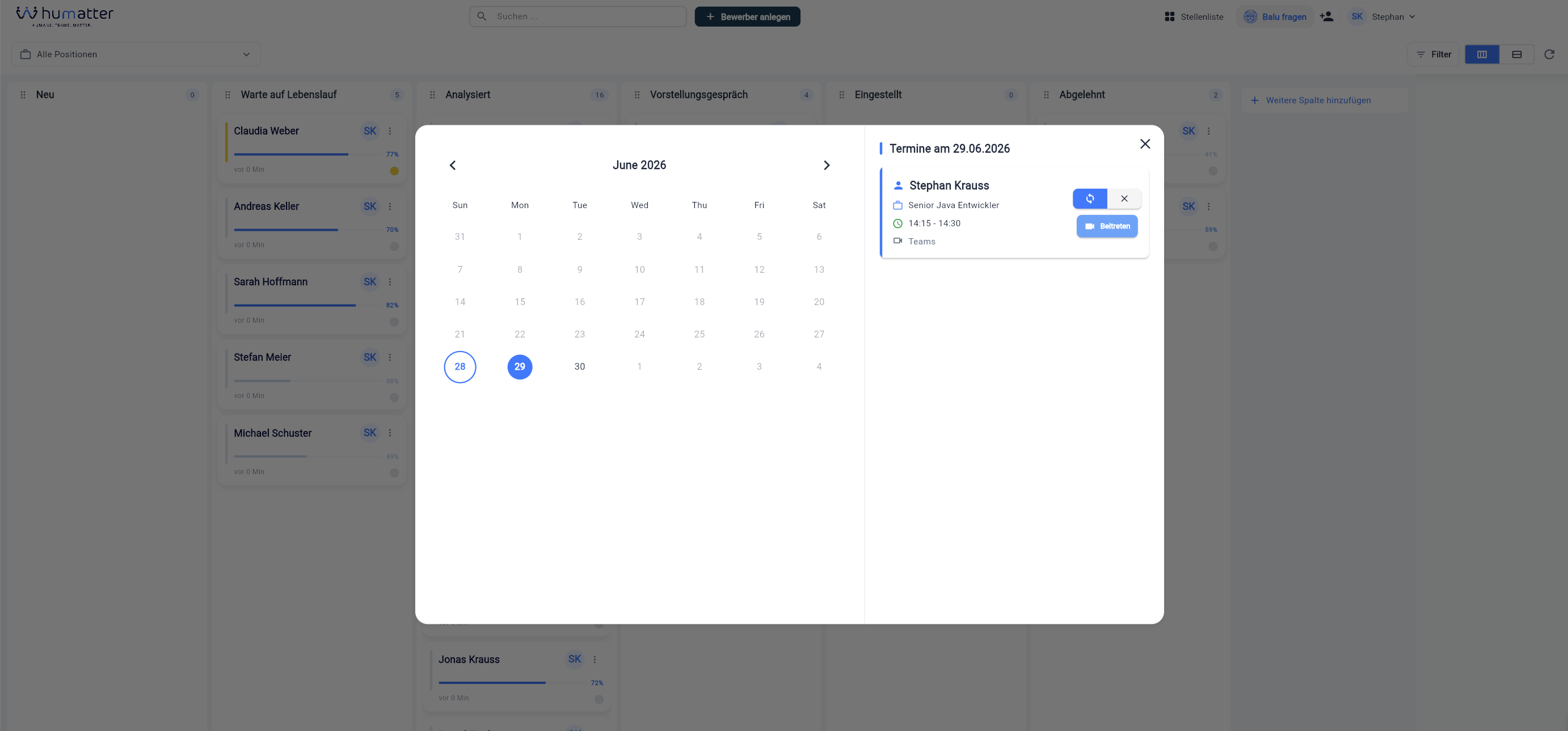 humatter Recruiter-Kalender – Verfügbarkeit und anstehende Termine